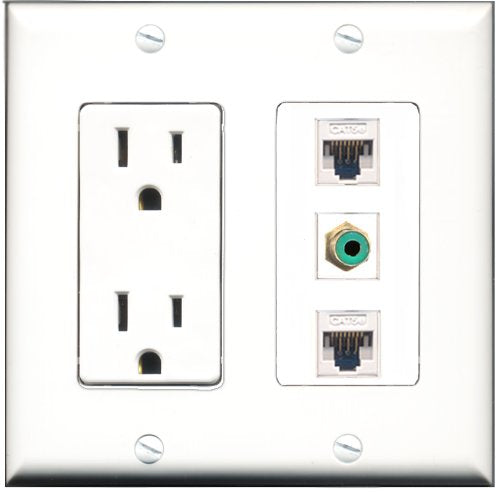 RiteAV - 15 Amp Power Outlet 1 Port RCA Green 2 Port Cat5e Ethernet White Decorative Wall Plate