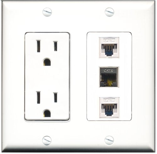 RiteAV - 15 Amp Power Outlet 1 Port Shielded Cat6 Ethernet Ethernet 2 Port Cat5e Ethernet White Decorative Wall Plate