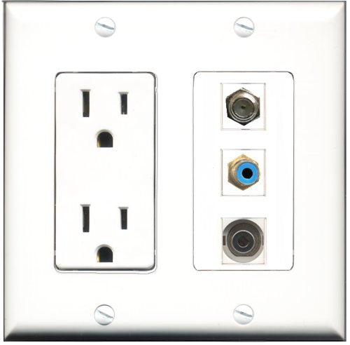 RiteAV - 15 Amp Power Outlet 1 Port RCA Blue 1 Port Coax 1 Port 3.5mm Decorative Wall Plate