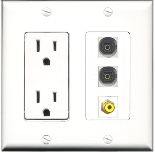 RiteAV - 15 Amp Power Outlet 1 Port RCA Yellow 2 Port Toslink Decorative Wall Plate