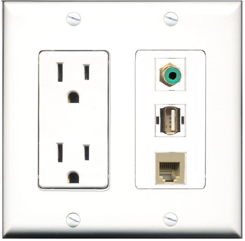 RiteAV - 15 Amp Power Outlet 1 Port RCA Green 1 Port USB A-A 1 Port Phone Beige Decorative Wall Plate