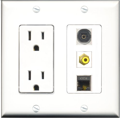 RiteAV - 15 Amp Power Outlet 1 Port RCA Yellow 1 Port Shielded Cat6 Ethernet Ethernet 1 Port Toslink Decorative Wall Plate