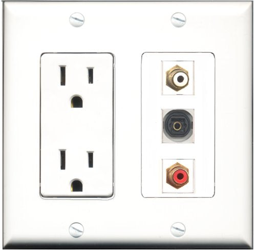 RiteAV - 15 Amp Power Outlet 1 Port RCA Red 1 Port RCA White 1 Port Toslink Decorative Wall Plate