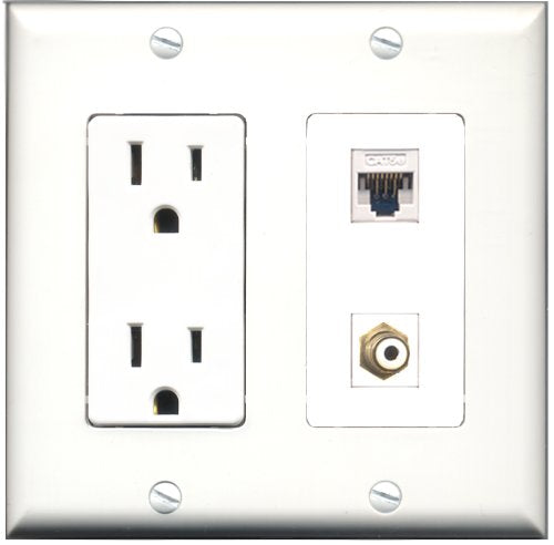 RiteAV - 15 Amp Power Outlet and 1 Port RCA White and 1 Port Cat5e Ethernet White Decorative Type Wall Plate White