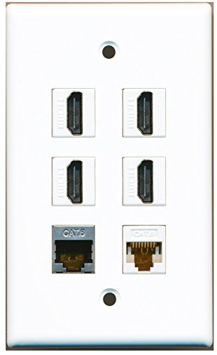 RiteAV - 4 HDMI 1 Port Shielded Cat6 Ethernet 1 Port Cat6 Ethernet White Wall Plate