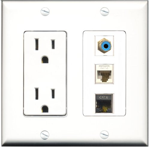 RiteAV - 15 Amp Power Outlet 1 Port RCA Blue 1 Port Shielded Cat6 Ethernet Ethernet 1 Port Cat6 Ethernet Ethernet White Decorative Wall Plate