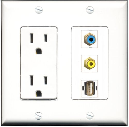 RiteAV - 15 Amp Power Outlet 1 Port RCA Yellow 1 Port RCA Blue 1 Port USB A-A Decorative Wall Plate