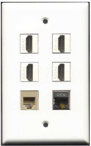 RiteAV - 4 Port HDMI 1 Phone RJ11 RJ12 Beige 1 Shielded Cat6 Ethernet Wall Plate