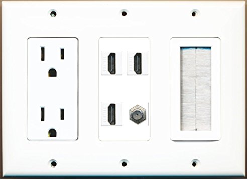 RiteAV - (3 Gang) 15A Power Outlet Mesh-Brush 3 HDMI Coax Wall Plate White