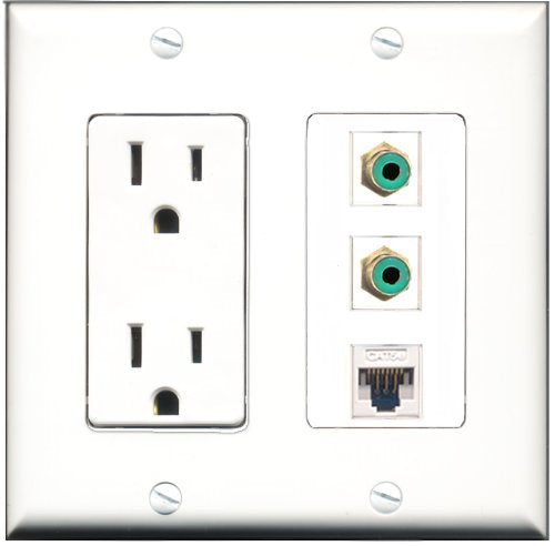RiteAV - 15 Amp Power Outlet 2 Port RCA Green 1 Port Cat5e Ethernet White Decorative Wall Plate