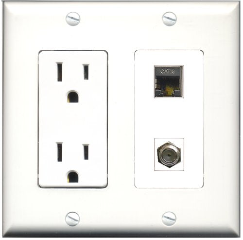 RiteAV - 15 Amp Power Outlet and 1 Port Shielded Cat6 Ethernet and 1 Port Coax Cable TV- F-Type Decorative Type Wall Plate - White