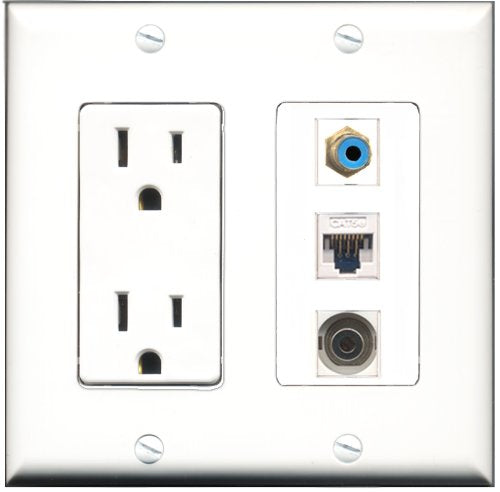 RiteAV - 15 Amp Power Outlet 1 Port RCA Blue 1 Port 3.5mm 1 Port Cat5e Ethernet White Decorative Wall Plate