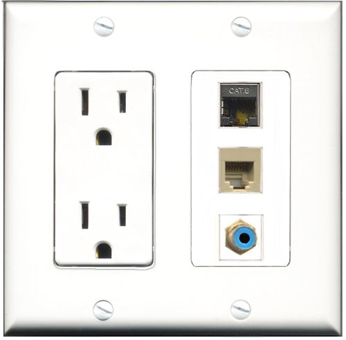 RiteAV - 15 Amp Power Outlet 1 Port RCA Blue 1 Port Phone Beige 1 Port Shielded Cat6 Ethernet Ethernet Decorative Wall Plate