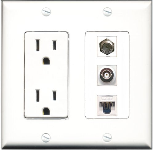 RiteAV - 15 Amp Power Outlet 1 Port Coax 1 Port BNC 1 Port Cat5e Ethernet White Decorative Wall Plate