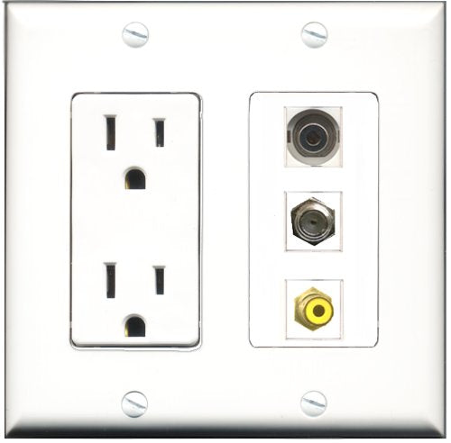 RiteAV - 15 Amp Power Outlet 1 Port RCA Yellow 1 Port Coax 1 Port 3.5mm Decorative Wall Plate