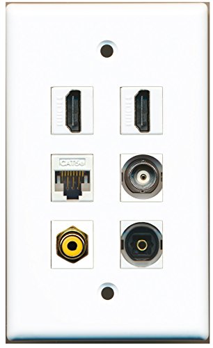 RiteAV - 2 HDMI 1 Port RCA Yellow 1 Port Toslink 1 Port BNC 1 Port Cat5e Ethernet White Wall Plate