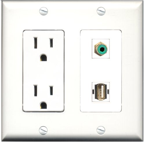 RiteAV - 15 Amp Power Outlet and 1 Port RCA Green and 1 Port USB A-A Decorative Type Wall Plate White