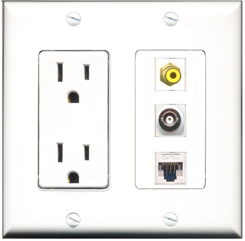 RiteAV - 15 Amp Power Outlet 1 Port RCA Yellow 1 Port BNC 1 Port Cat5e Ethernet White Decorative Wall Plate