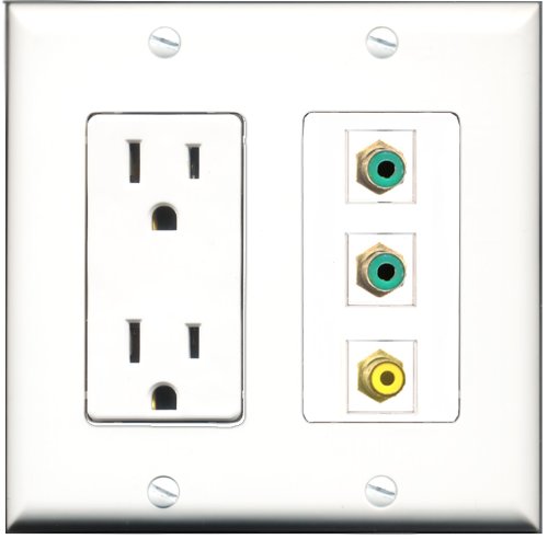 RiteAV - 15 Amp Power Outlet 1 Port RCA Yellow 2 Port RCA Green Decorative Wall Plate