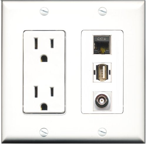 RiteAV - 15 Amp Power Outlet 1 Port USB A-A 1 Port Shielded Cat6 Ethernet Ethernet 1 Port BNC Decorative Wall Plate