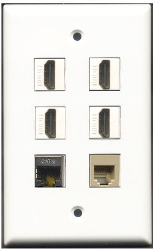 RiteAV - 4 Port HDMI 1 Phone RJ11 RJ12 Beige 1 Shielded Cat6 Ethernet Wall Plate