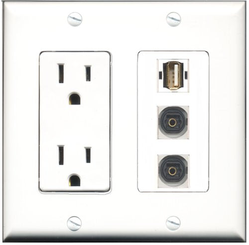 RiteAV - 15 Amp Power Outlet 1 Port USB A-A 2 Port Toslink Decorative Wall Plate