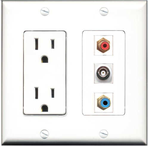 RiteAV - 15 Amp Power Outlet 1 Port RCA Red 1 Port RCA Blue 1 Port BNC Decorative Wall Plate