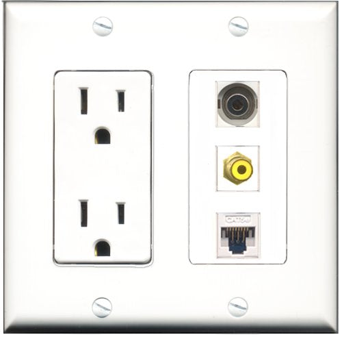 RiteAV - 15 Amp Power Outlet 1 Port RCA Yellow 1 Port 3.5mm 1 Port Cat5e Ethernet White Decorative Wall Plate