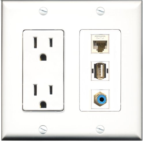 RiteAV - 15 Amp Power Outlet 1 Port RCA Blue 1 Port USB A-A 1 Port Cat6 Ethernet Ethernet White Decorative Wall Plate