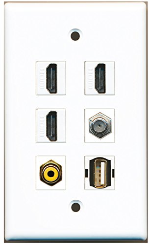 RiteAV - 3 HDMI 1 Port RCA Yellow 1 Port Coax Cable TV- F-Type 1 Port USB A-A Wall Plate