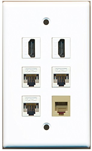 RiteAV - 2 HDMI 1 Port Phone RJ11 RJ12 Beige 3 Port Cat5e Ethernet White Wall Plate