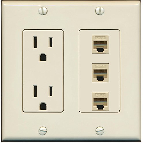 RiteAV (2 Gang Decorative) 15A Power Outlet 3 Cat6 Wall Plate Light Almond