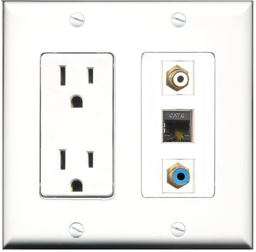 RiteAV - 15 Amp Power Outlet 1 Port RCA White 1 Port RCA Blue 1 Port Shielded Cat6 Ethernet Ethernet Decorative Wall Plate