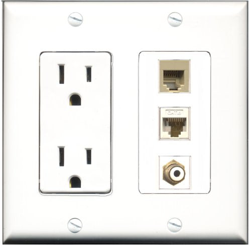 RiteAV - 15 Amp Power Outlet 1 Port RCA White 1 Port Phone Beige 1 Port Cat6 Ethernet Ethernet White Decorative Wall Plate