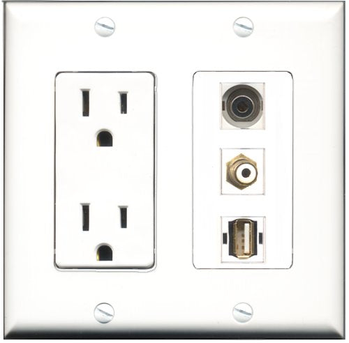 RiteAV - 15 Amp Power Outlet 1 Port RCA White 1 Port USB A-A 1 Port 3.5mm Decorative Wall Plate
