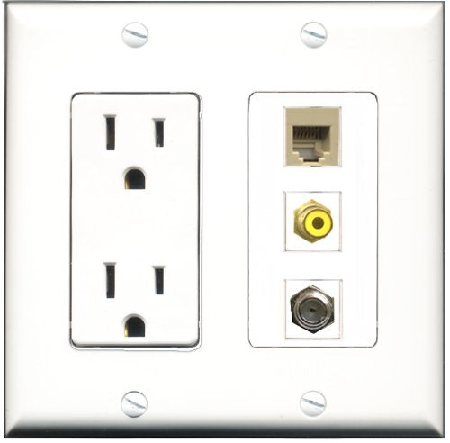 RiteAV - 15 Amp Power Outlet 1 Port RCA Yellow 1 Port Coax 1 Port Phone Beige Decorative Wall Plate