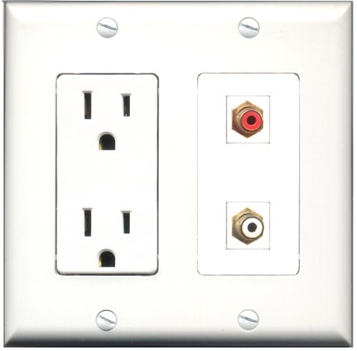 RiteAV - 15 Amp Power Outlet and 1 Port RCA Red and 1 Port RCA White Decorative Type Wall Plate White