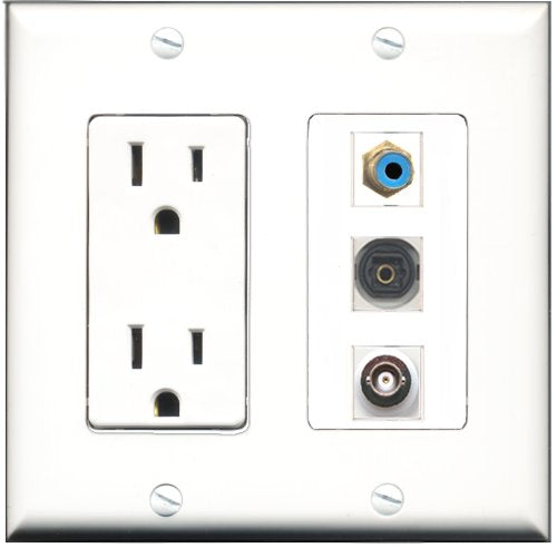 RiteAV - 15 Amp Power Outlet 1 Port RCA Blue 1 Port Toslink 1 Port BNC Decorative Wall Plate