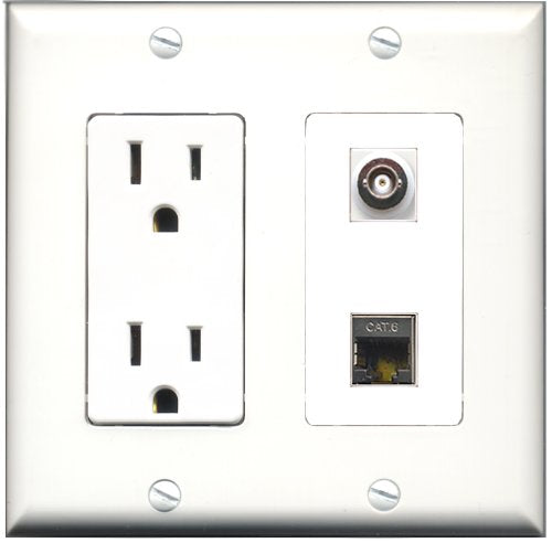 RiteAV - 15 Amp Power Outlet and 1 Port Shielded Cat6 Ethernet and 1 Port BNC Decorative Type Wall Plate White