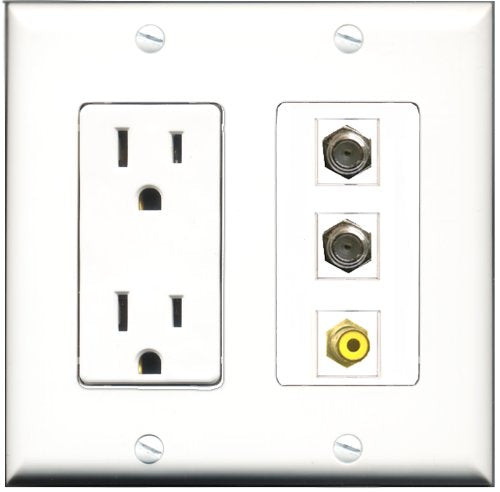 RiteAV - 15 Amp Power Outlet 1 Port RCA Yellow 2 Port Coax Decorative Wall Plate