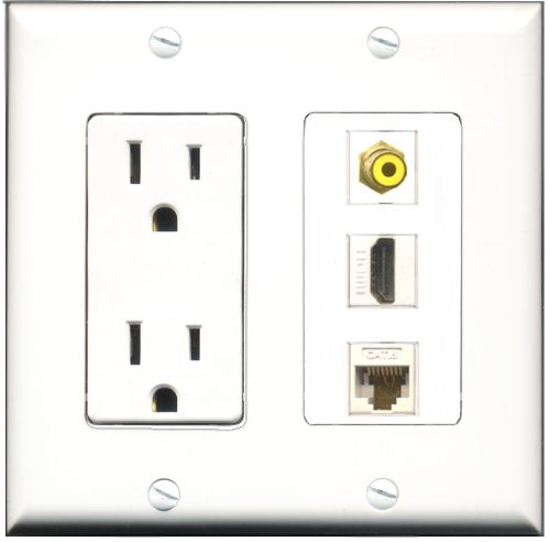 RiteAV - 15 Amp Power Outlet 1 Port HDMI 1 Port RCA Yellow 1 Port Cat6 Ethernet Ethernet White Decorative Wall Plate