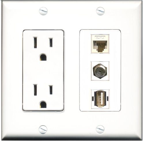 RiteAV - 15 Amp Power Outlet 1 Port Coax 1 Port USB A-A 1 Port Cat6 Ethernet Ethernet White Decorative Wall Plate