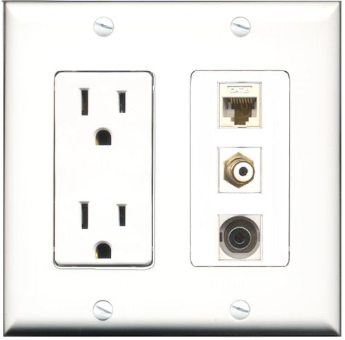 RiteAV - 15 Amp Power Outlet 1 Port RCA White 1 Port 3.5mm 1 Port Cat6 Ethernet Ethernet White Decorative Wall Plate