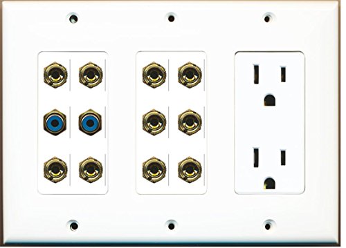RiteAV - (3 Gang) 15A Power Outlet 2 RCA Blue 10 Banana Wall Plate White