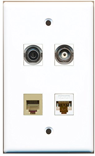 RiteAV - 1 Port Phone RJ11 RJ12 Beige 1 Port 3.5mm 1 Port BNC 1 Port Cat6 Ethernet White Wall Plate