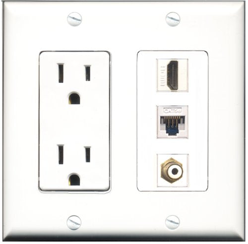 RiteAV - 15 Amp Power Outlet 1 Port HDMI 1 Port RCA White 1 Port Cat5e Ethernet White Decorative Wall Plate