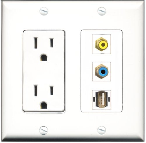 RiteAV - 15 Amp Power Outlet 1 Port RCA Yellow 1 Port RCA Blue 1 Port USB A-A Decorative Wall Plate