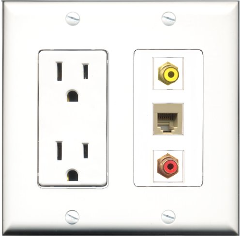 RiteAV - 15 Amp Power Outlet 1 Port RCA Red 1 Port RCA Yellow 1 Port Phone Beige Decorative Wall Plate