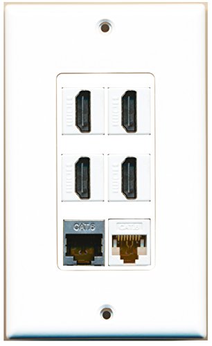 RiteAV - 4 Port HDMI 1 Shielded Cat6 Ethernet 1 Cat6 Ethernet White Wall Plate Decorative