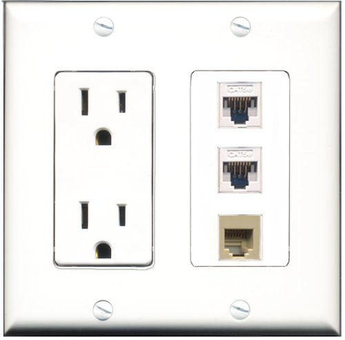 RiteAV - 15 Amp Power Outlet 1 Port Phone Beige 2 Port Cat5e Ethernet White Decorative Wall Plate